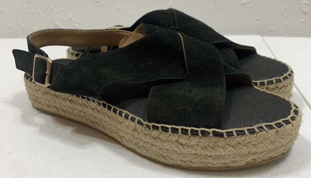 Paseart Espadrilles Platform Sandals 8.5 39 Black Suede Flats Slingback Boho